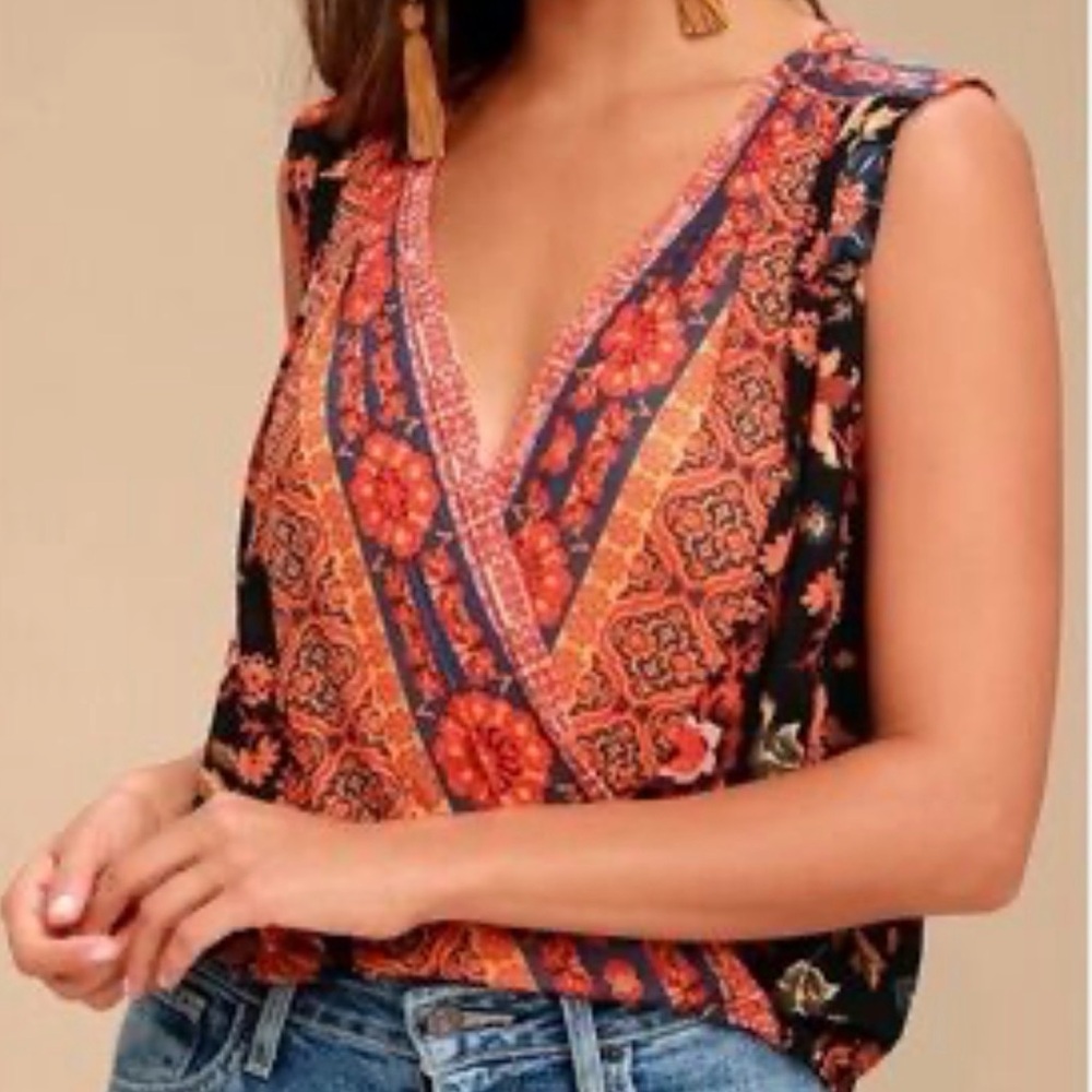 Free People Havana Black Floral Cropped Sleeveless Surplice Top Women’s Small